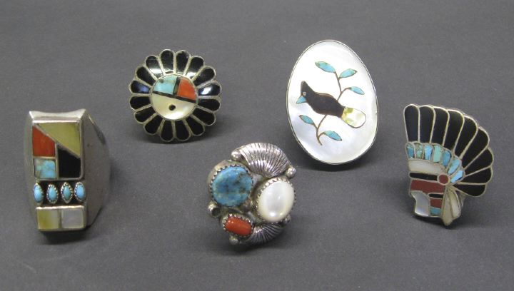 Five Assorted Navajo and Zuni Rings including a large Navajo