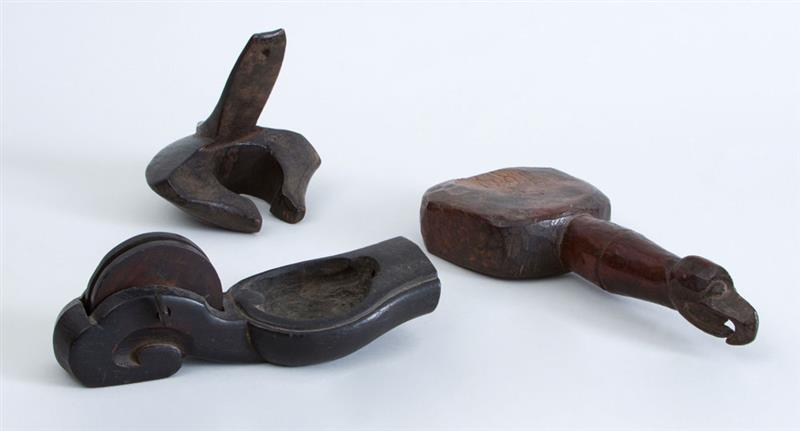 GROUP OF THREE CARVED WOOD OBJECTS Including a bird headed