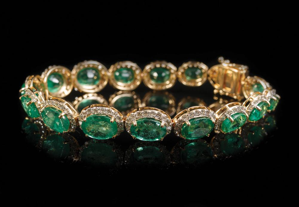 14 kt Yellow Gold Emerald and Diamond Flexible Link Bracelet