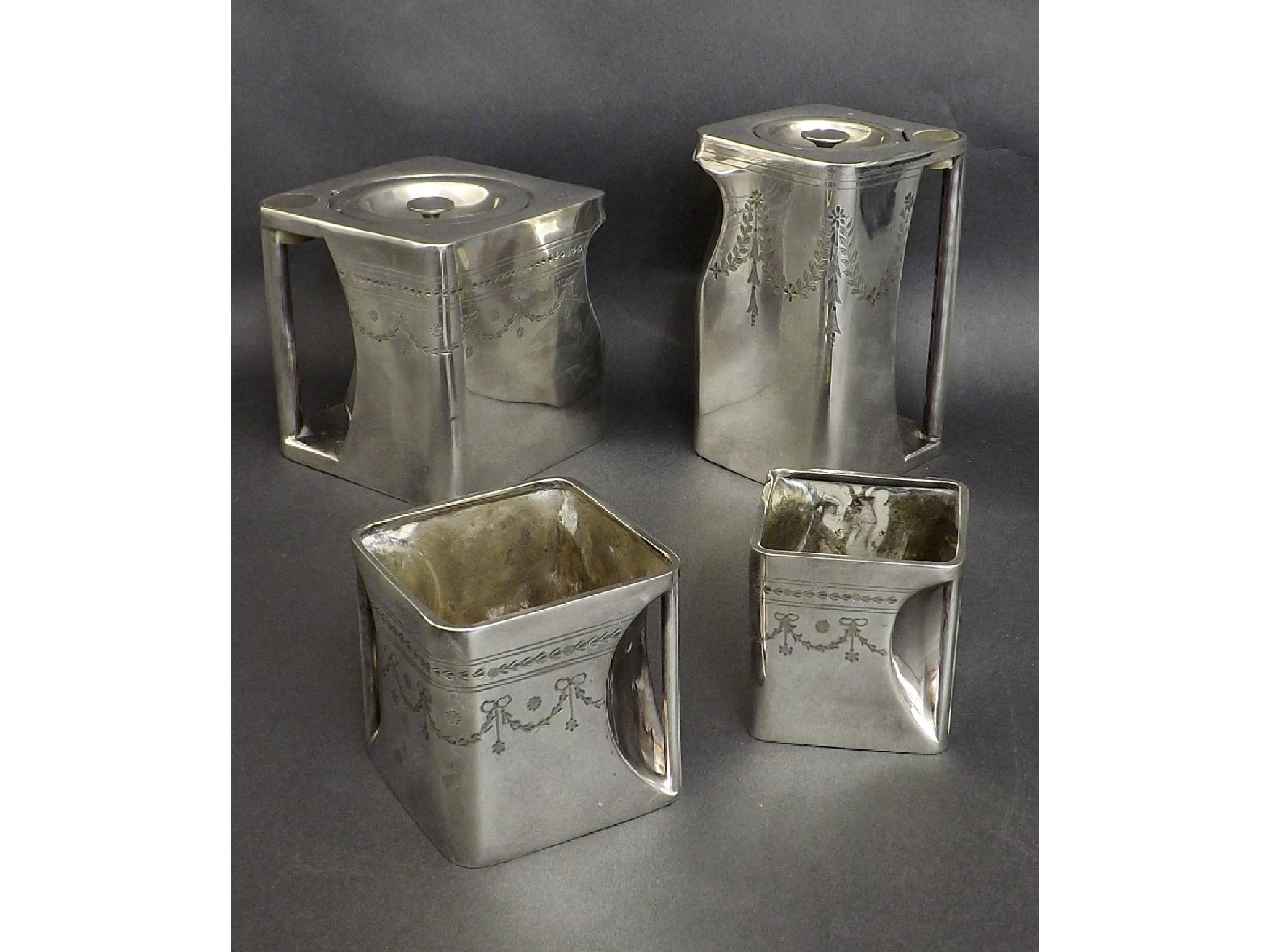 Cube Teapot of Leicester silver plated four piece tea service