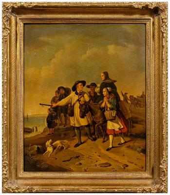 19th century genre painting travelers on a beach unsigned oil
