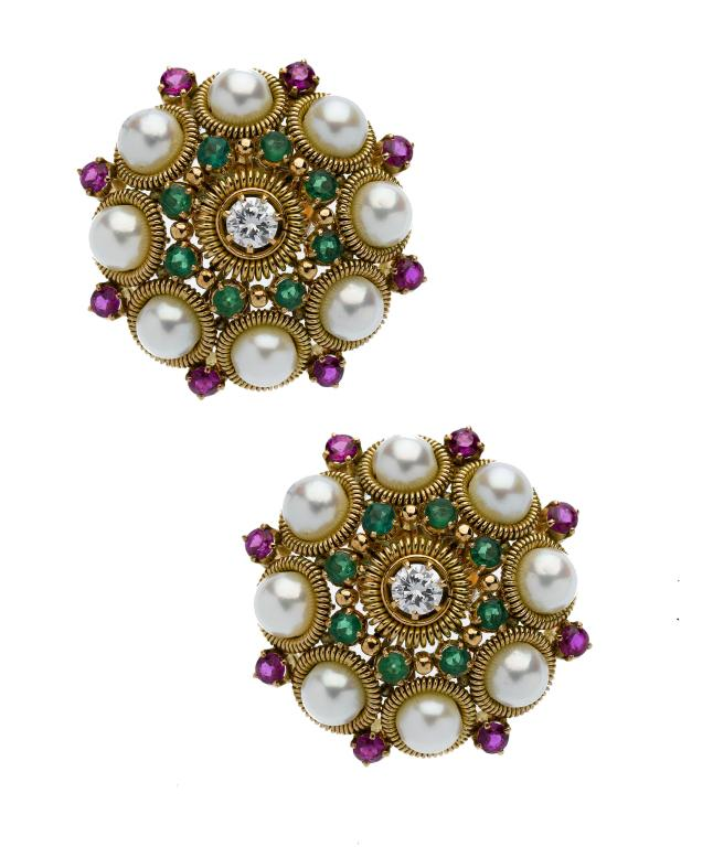 A PAIR OF DIAMOND RUBY EMERALD AND CULTURED PEARL CLUSTER