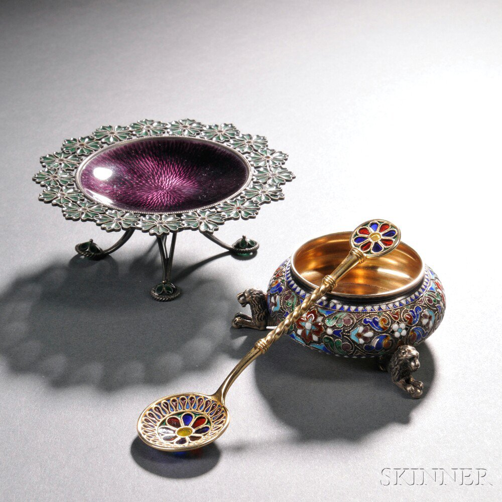 Two David Andersen Enameled Sterling Silver Salts Norway late 19th