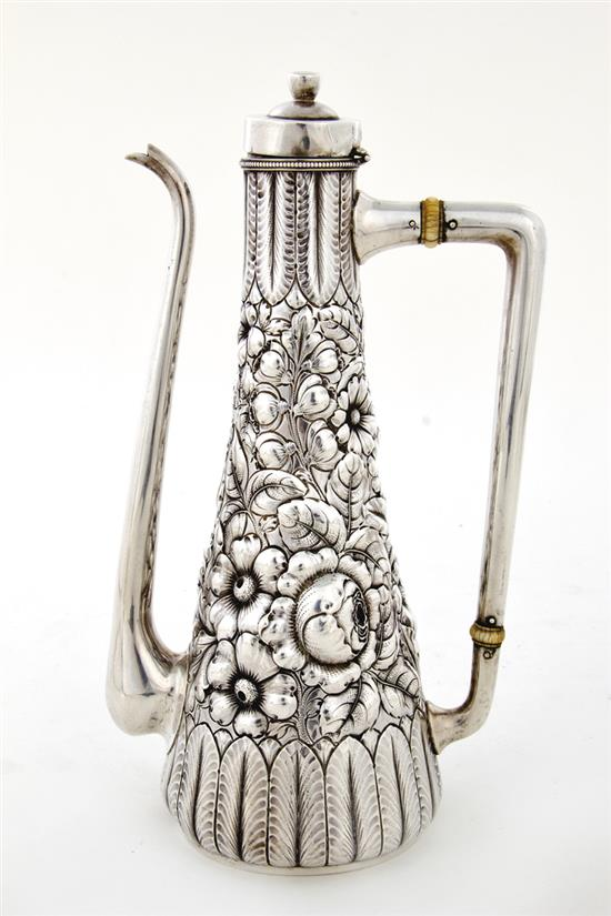 Gorham sterling coffeepot dated 1890 fine floral chased and lotus
