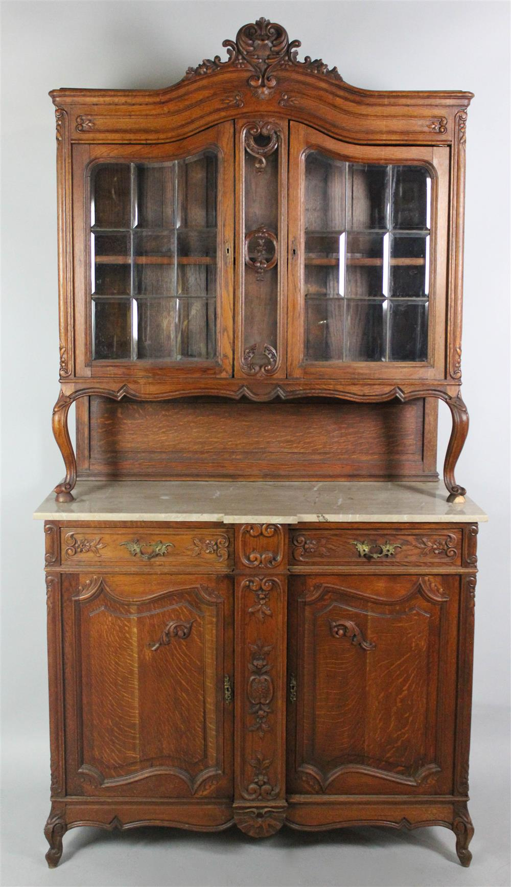 LOUIS XV XVI STYLE CARVED OAK STEP BACK CABINET WITH