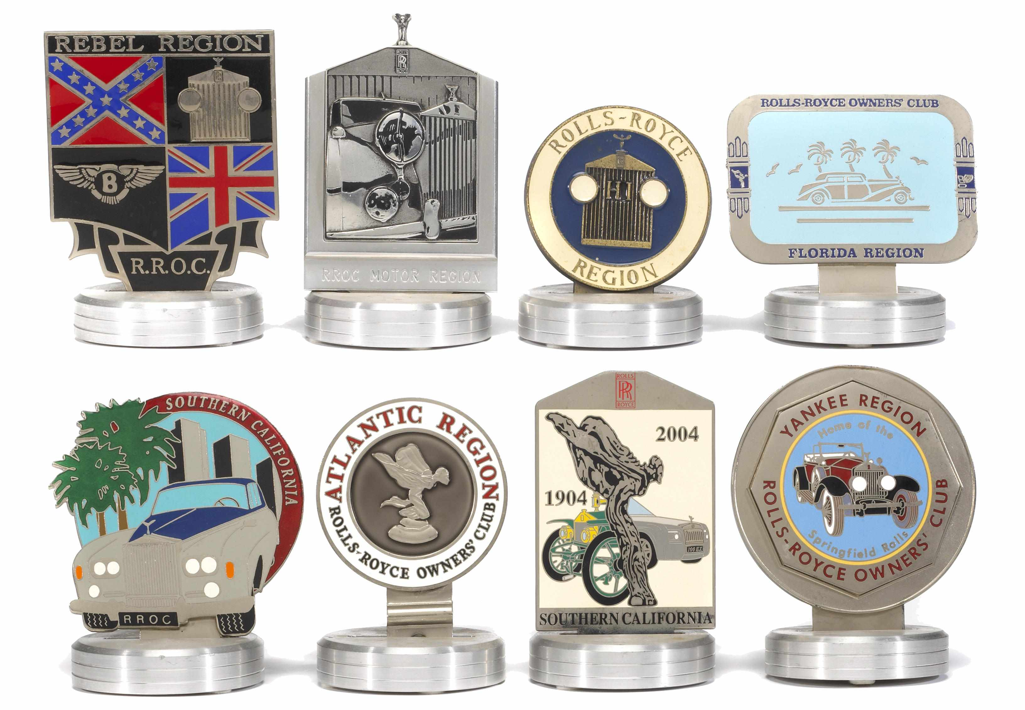 An assortment of Rolls Royce Owners Club regional badges comprised