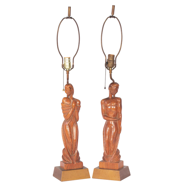Edward Stasack table lamps pair Art Deco style carved wood