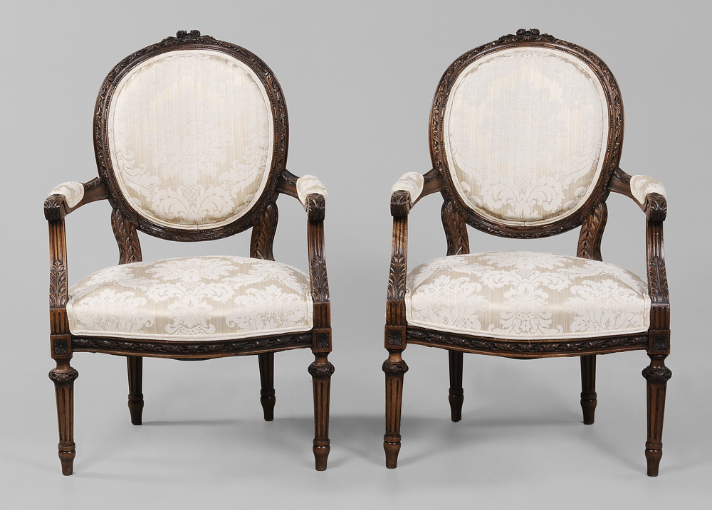 Pair Louis XVI Style Damask Upholstered Fauteuil French late 19th