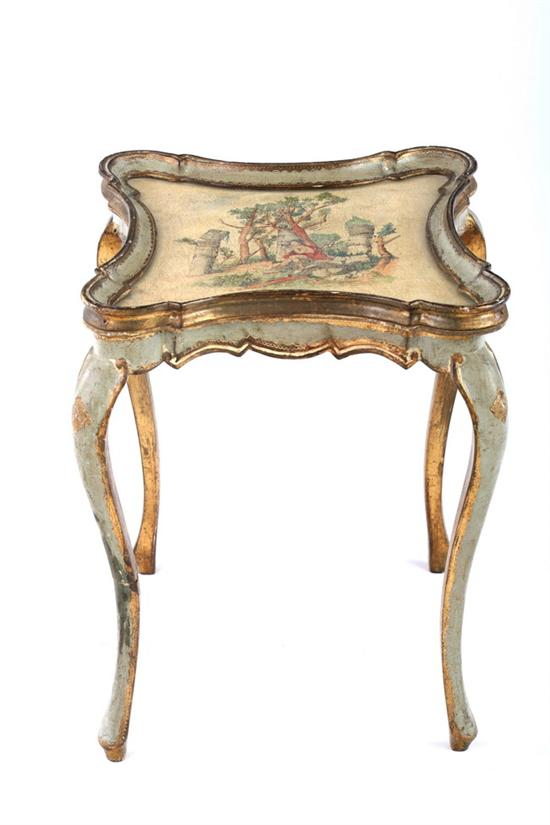 ITALIAN ROCOCO STYLE PAINTED AND PARCEL GILT DIMINUTIVE LOW TABLE