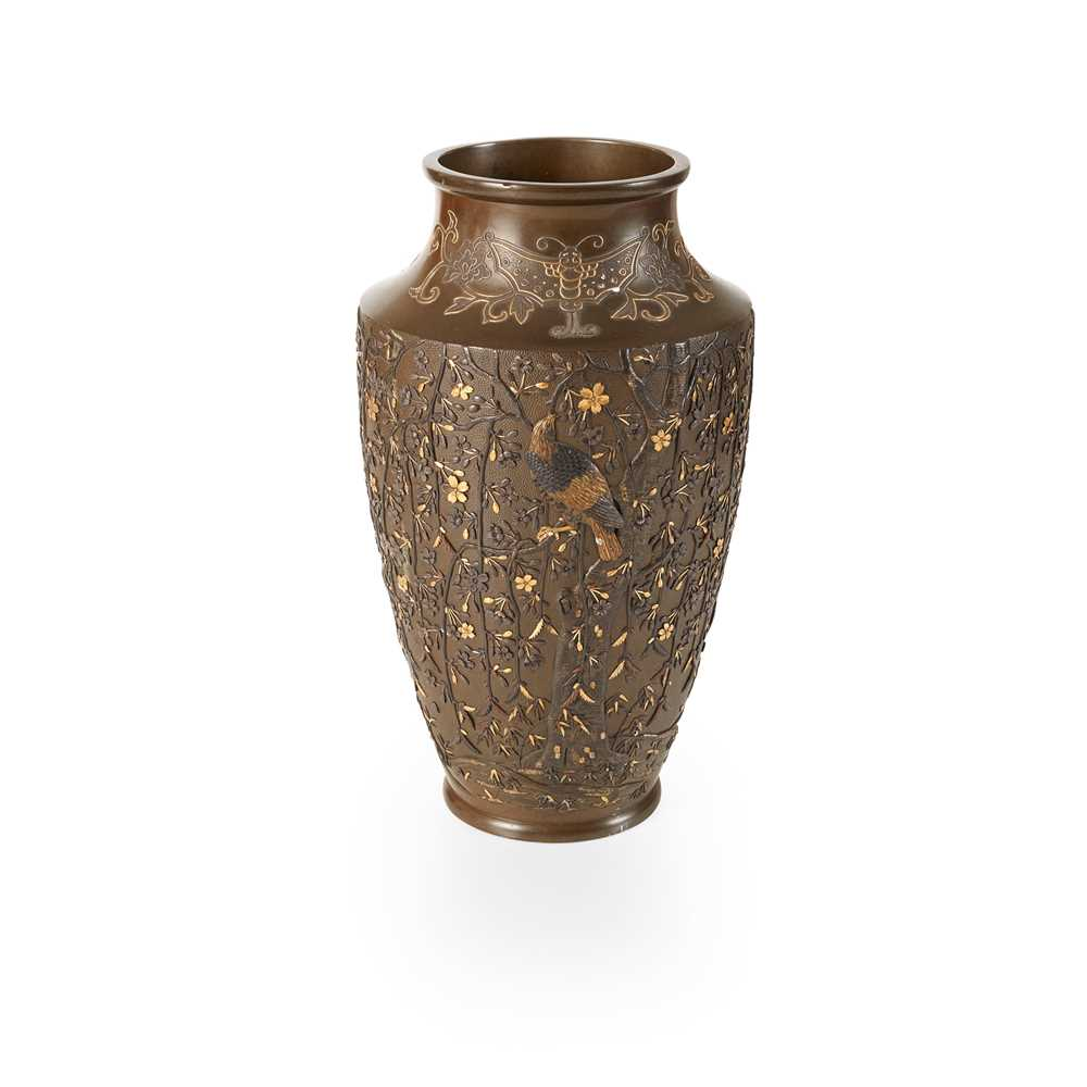 PATINATED BRONZE VASE WITH MIXED METAL ACCENTS MEIJI PERIOD of