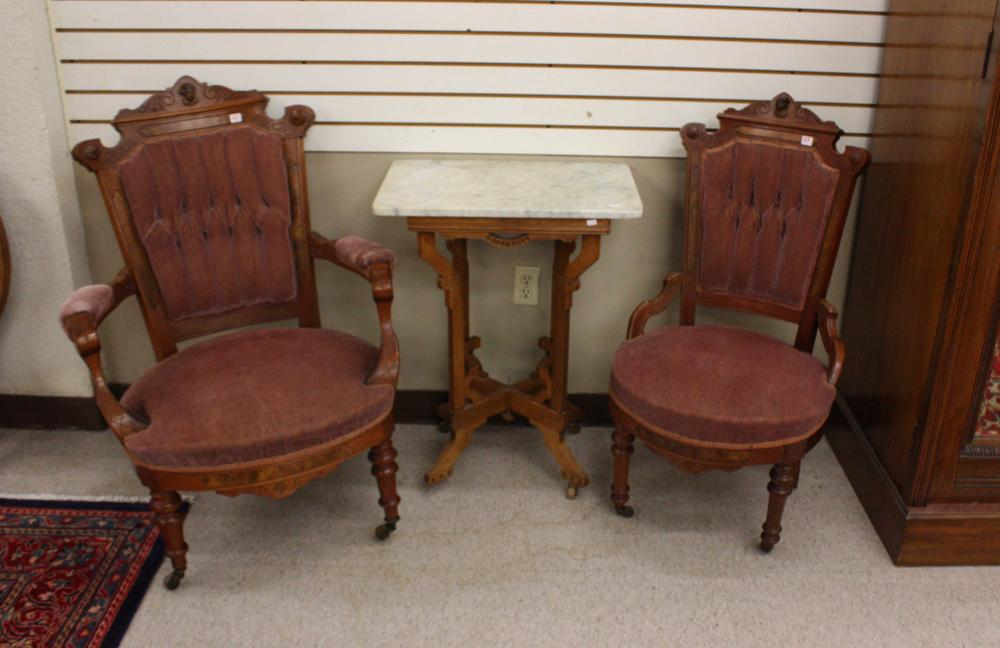 TWO VICTORIAN CHAIRS MARBLE TOP LAMP TABLE Eastlake Louis XV