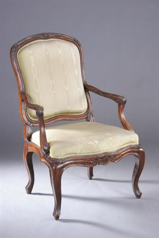 LOUIS XV STYLE PROVINCIAL FRUITWOOD FAUTEUIL 18th century moire upholstery