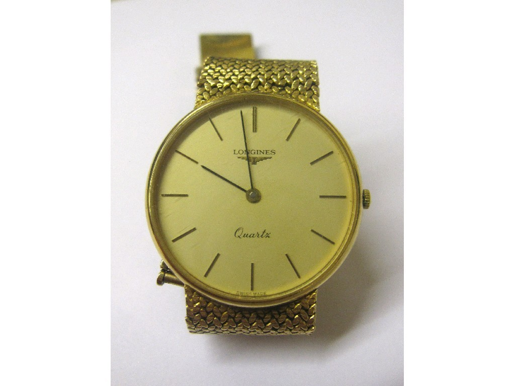 Gents 9 ct gold Longines wrist watch with cream circular