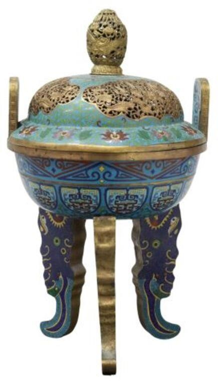 Chinese cloisonne enamel censer domed lid dragon finial pierced foliate