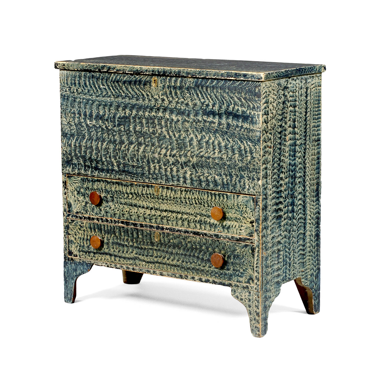 IMPORTANT BLUE PAINTED AND VINEGAR GRAINED TWO DRAWER BLANKET CHEST