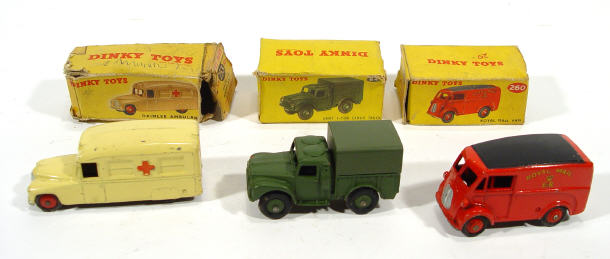 Three boxed Dinky Toys commercial vehicles a Royal Mail van