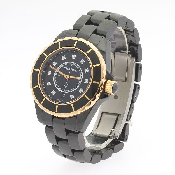 CHANEL J12 GOLD BEZEL AND DIAMOND DIAL QUARTZ LADIES WATCH