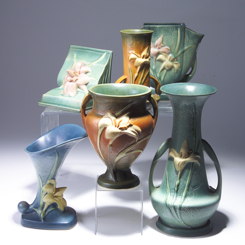 Six ROSEVILLE Zephyr Lily pieces to include a blue cornucopia