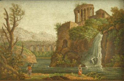 A 19th century micromosaic panel depicting figures at the Tivoli