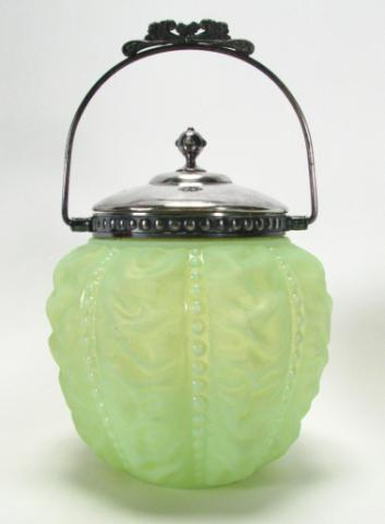 Green Satin Glass Beaded Drape Biscuit Jar silver plate 10