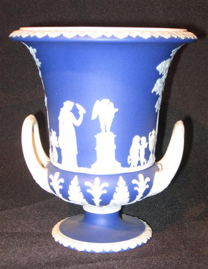 Wedgwood blue jasperware twin handled vase H 7 in PROVENANCE