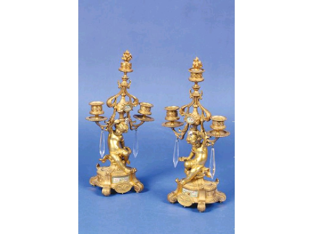 A PAIR OF LOUIS VX STYLE GILT METAL AND SEVRES