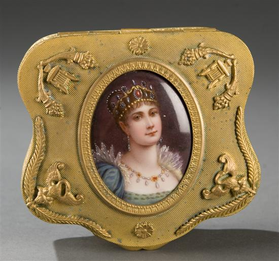 Gilt brass box with mounted porcelain medallion of Empress Josephine