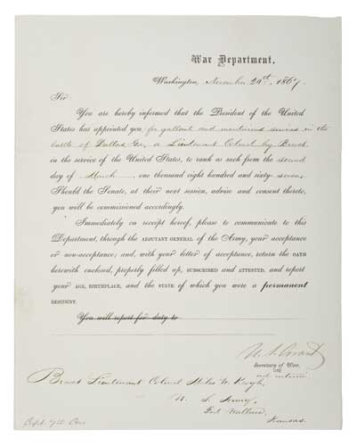 GRANT ULYSSES S Partly printed Letter Signed U S Grant