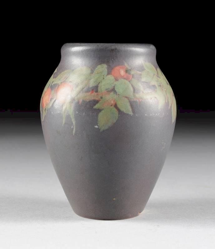 A ROOKWOOD POTTERY BLACK MATTE GROUND VASE DECORATED BY OLGA