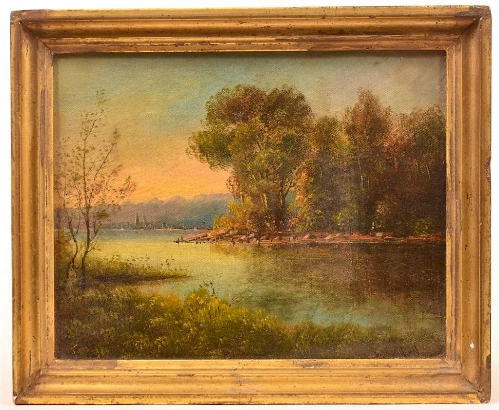 19th Century Oil on Canvas River Scene Painting 19th Century