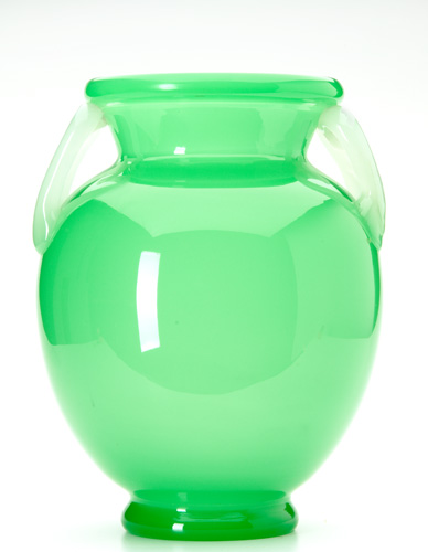 STEUBEN Large jade green vase with applied alabaster glass handles