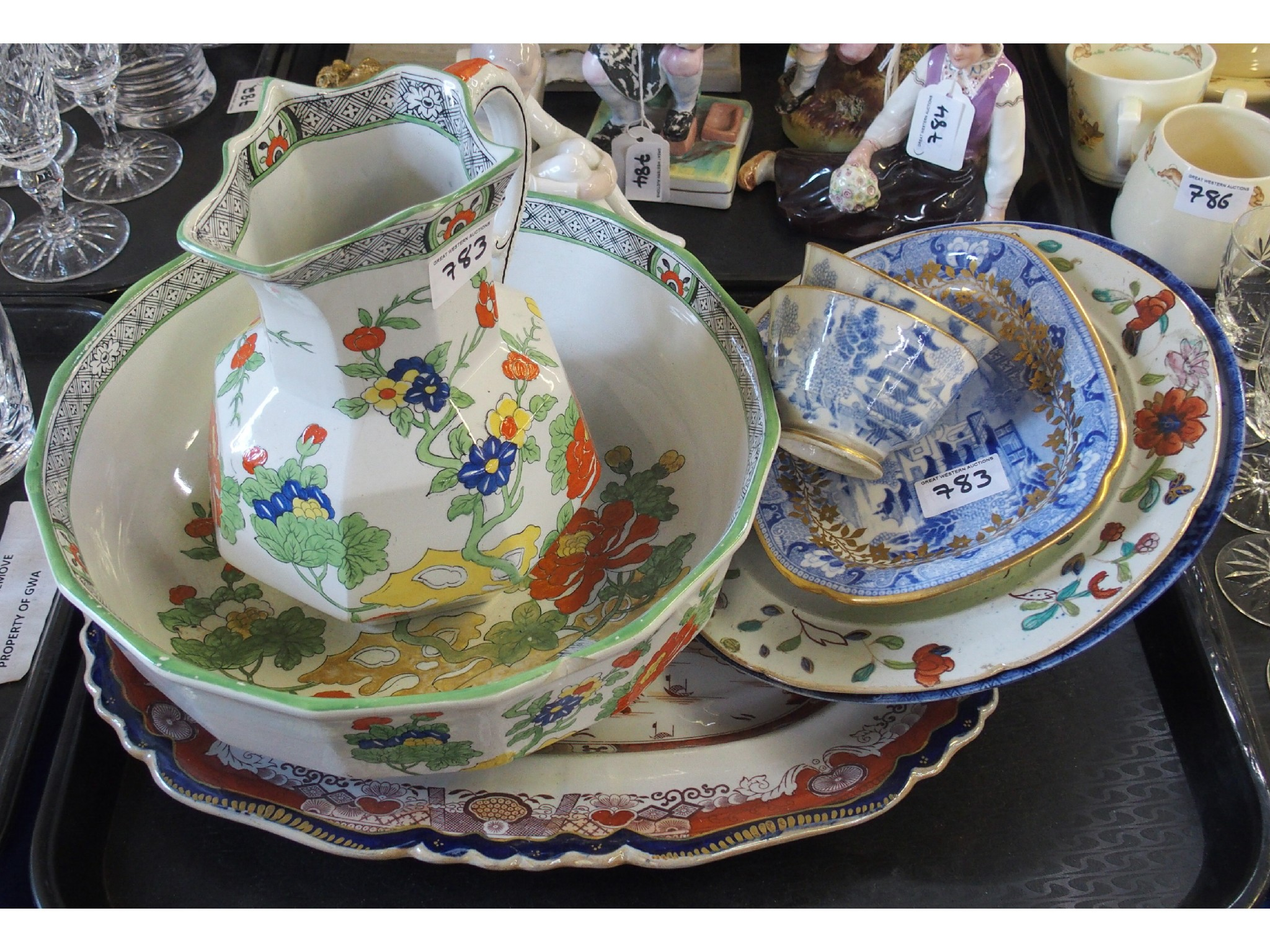 Tray comprising Mason s Ironstone pitcher and basin two blue