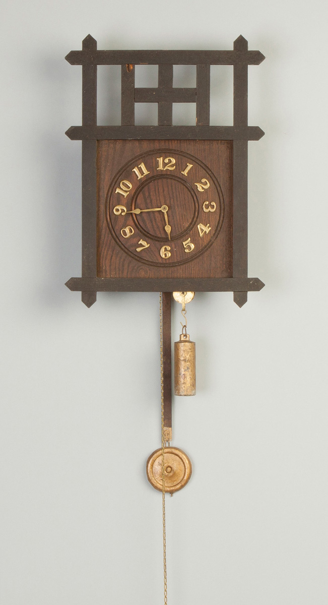 Arts Crafts Wall Clock Oak case Weight driven pull up