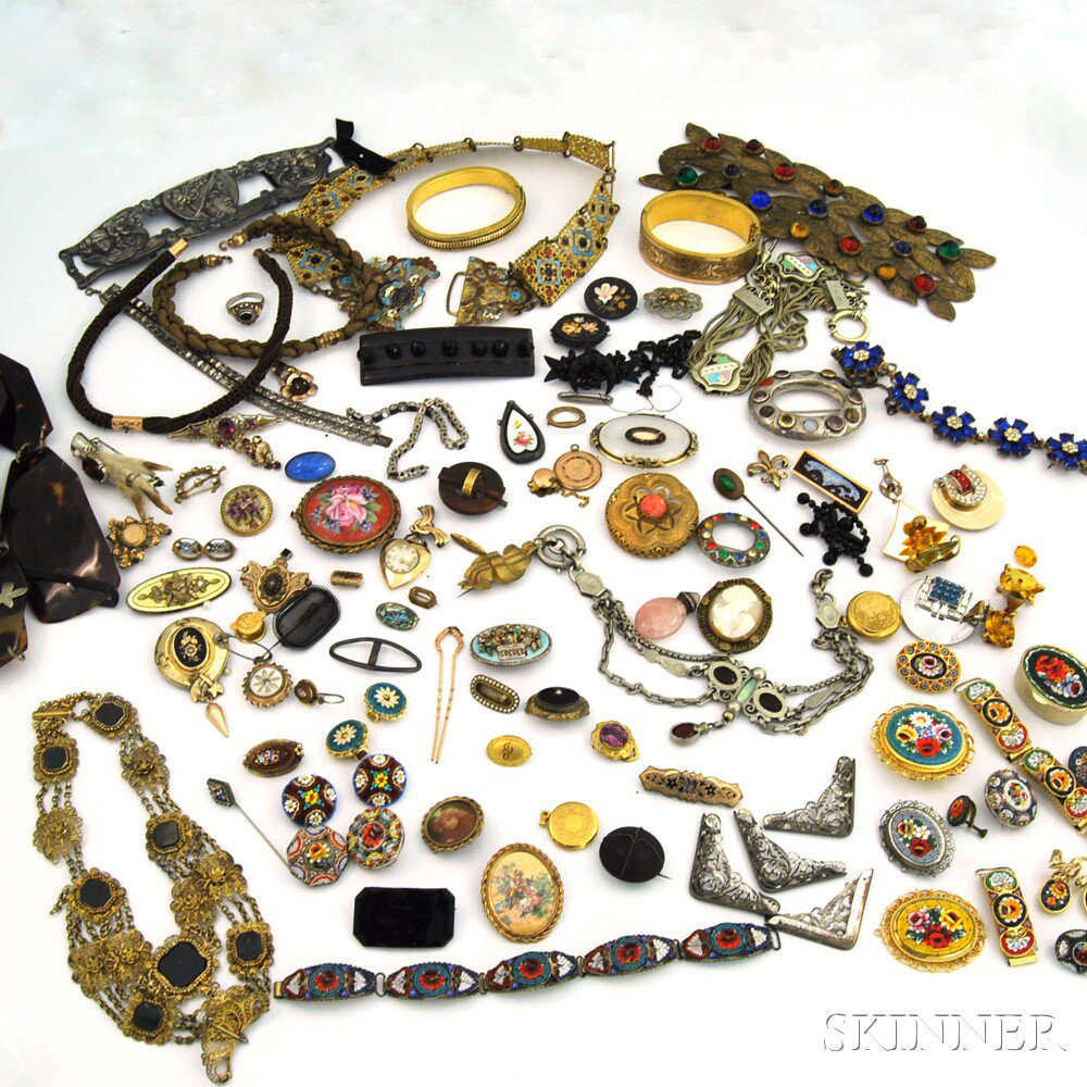Small Collection of Mostly Antique Costume Jewelry including micromosaic pieces