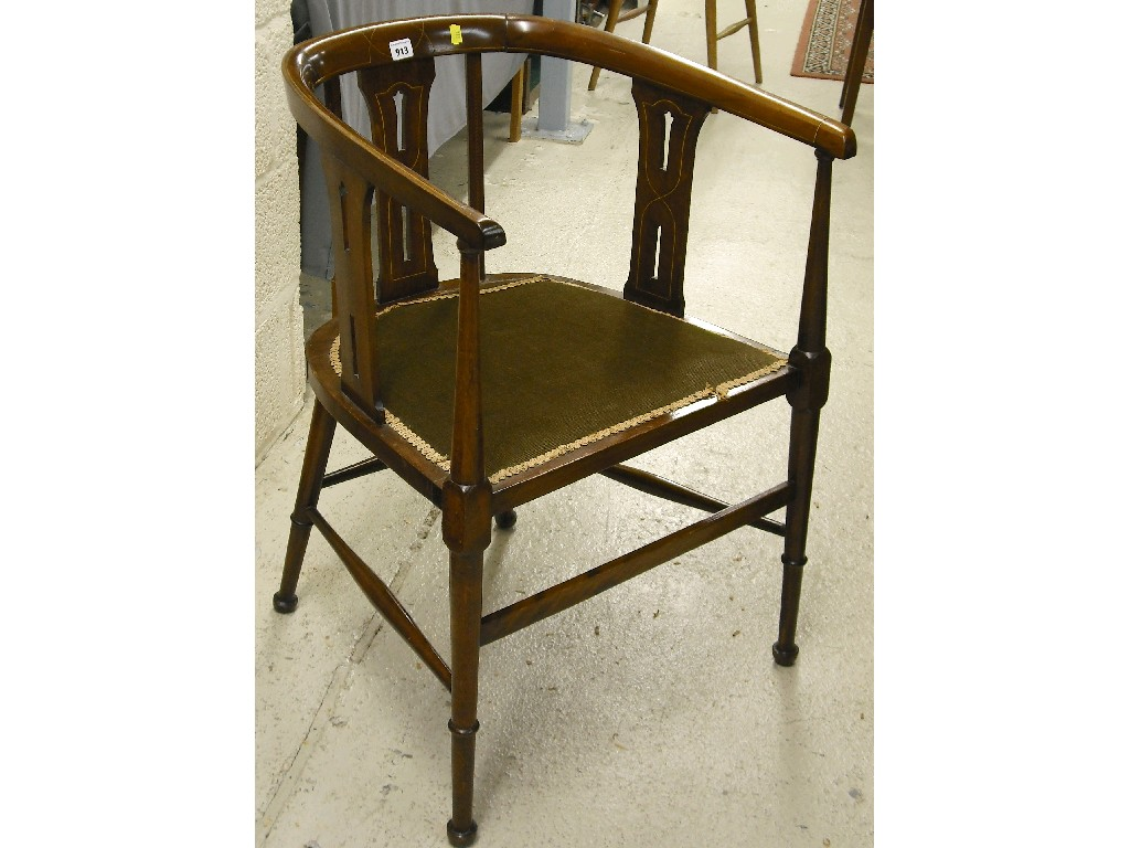 Edwardian mahogany open tub chair with three pierced splats inlaid