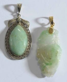 Two 14kt Green Hardstone Pendants one with open wire work