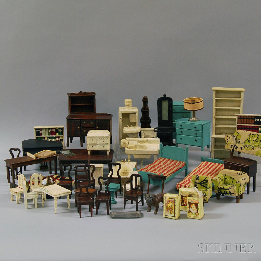 Group of Miscellaneous Mostly Painted Wooden Dollhouse Furniture 20th century