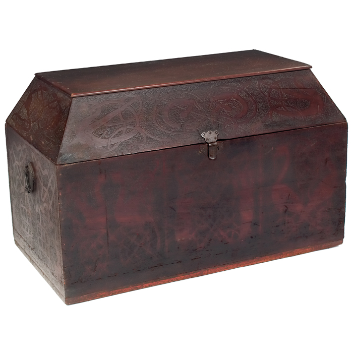 Rare William Mercer chest in poplar carved pyrographic chest hasp