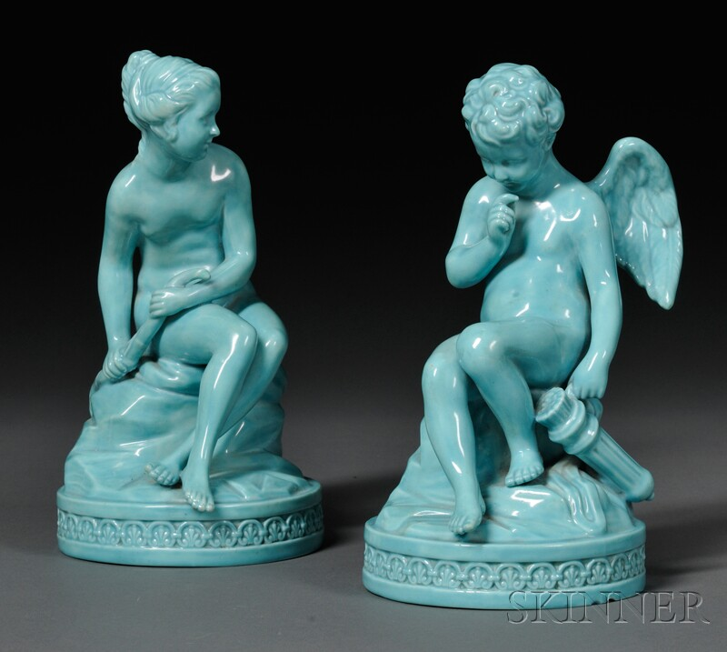 Pair of Wedgwood Turquoise glazed Earthenware Cupid and Psyche Figures