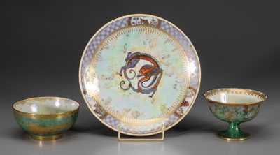 Three pieces Wedgwood lustre footed bowl green mottled exterior with