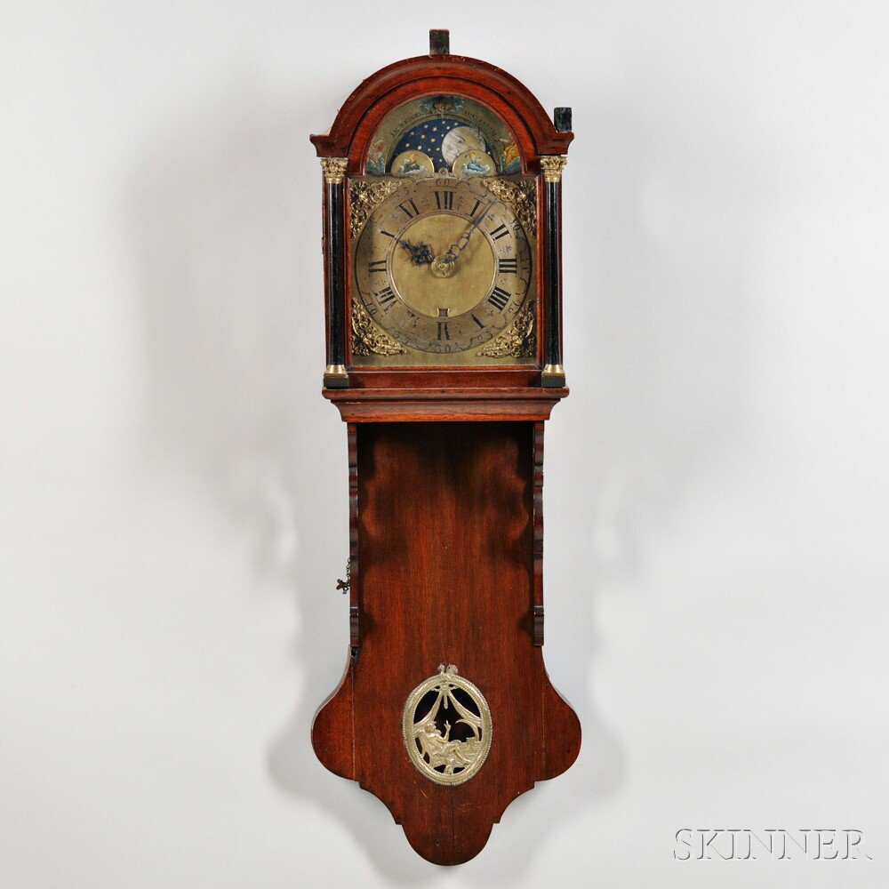 Mahogany Dutch Hood Wall Clock with Automata c 1790 dome