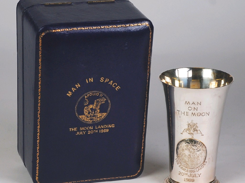 SILVER BEAKER COMMEMORATING MAN ON THE MOON THE EAGLE HAS