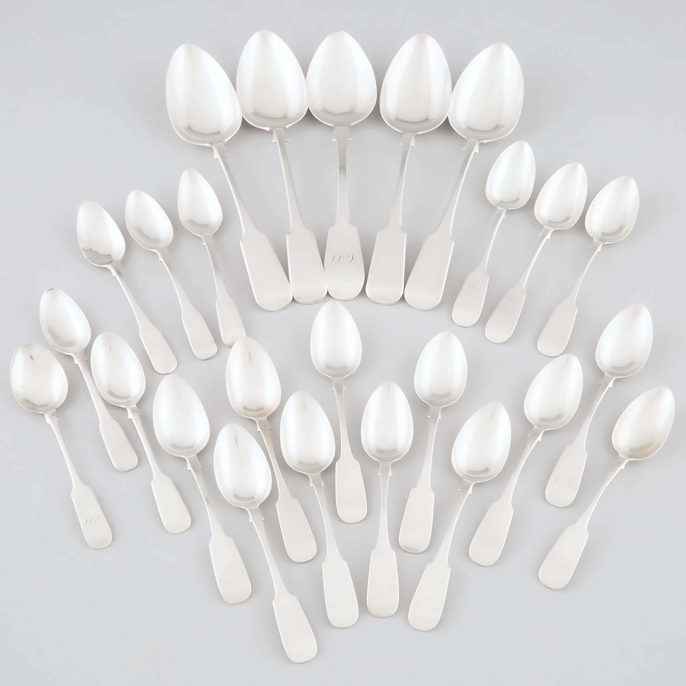 Five Canadian Silver Fiddle Pattern Table Spoons and Twenty Tea