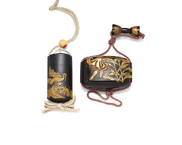 Two black lacquer inro Meiji Period The first of three