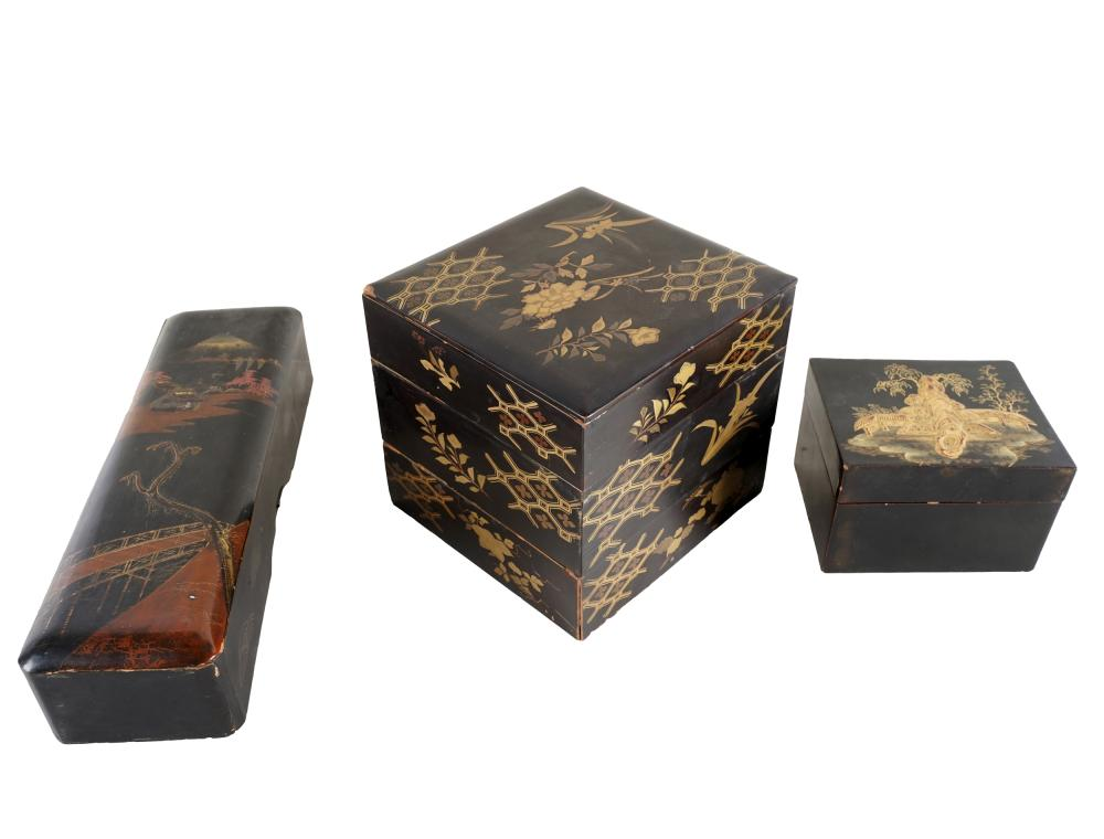 THREE JAPANESE LACQUERED BOXEScomprising one stack box 5 1 2