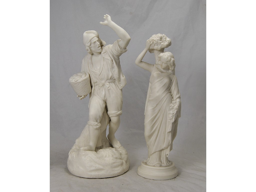 Two Parian figures fisherman and classical female with a basket