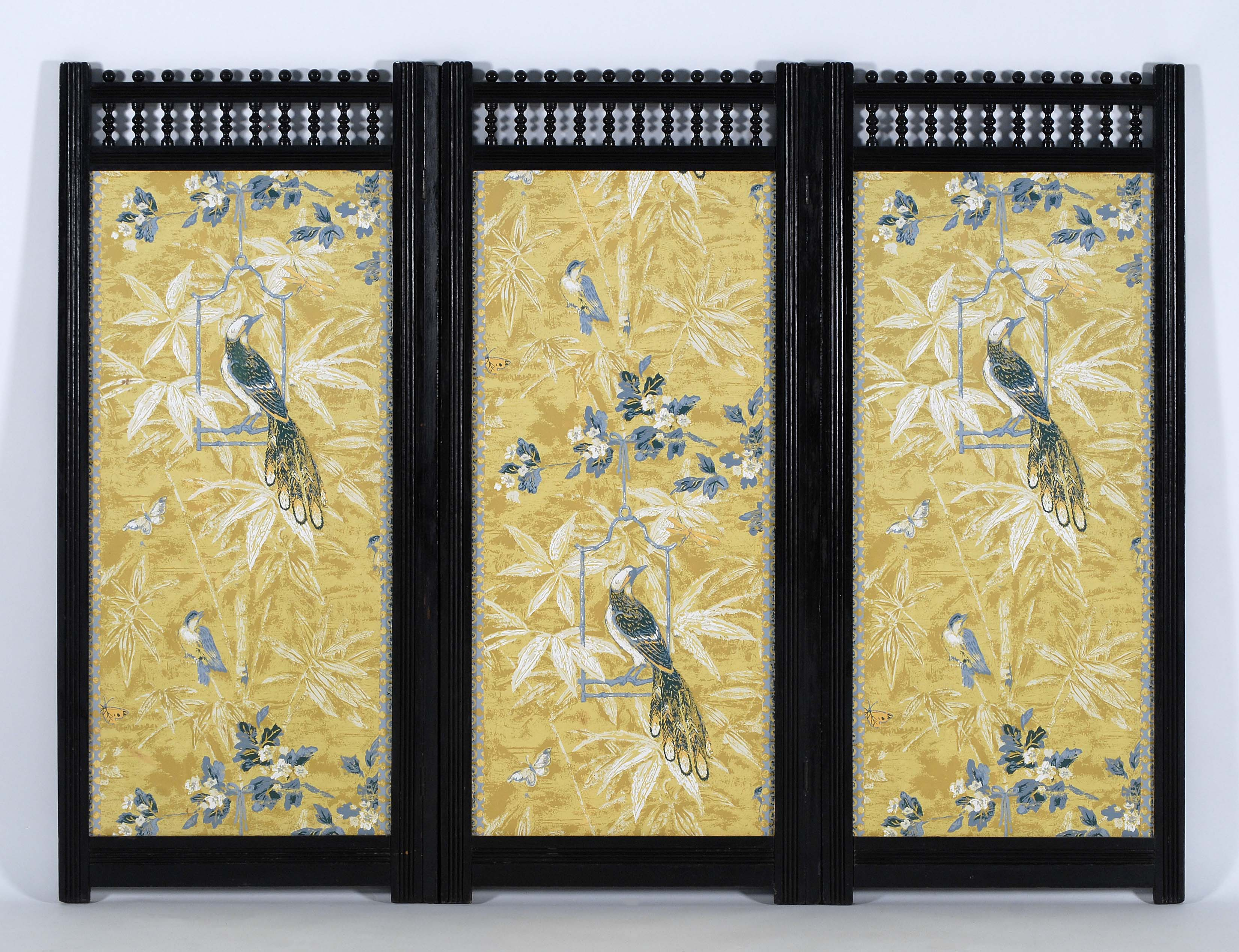 LATE VICTORIAN THREE PANEL DRESSING SCREEN With ebonized wood frame