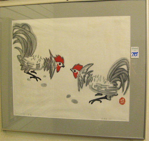 HUANG DEZHEN WOOD CUT depicting two fighting roosters Chongqing Sichuan