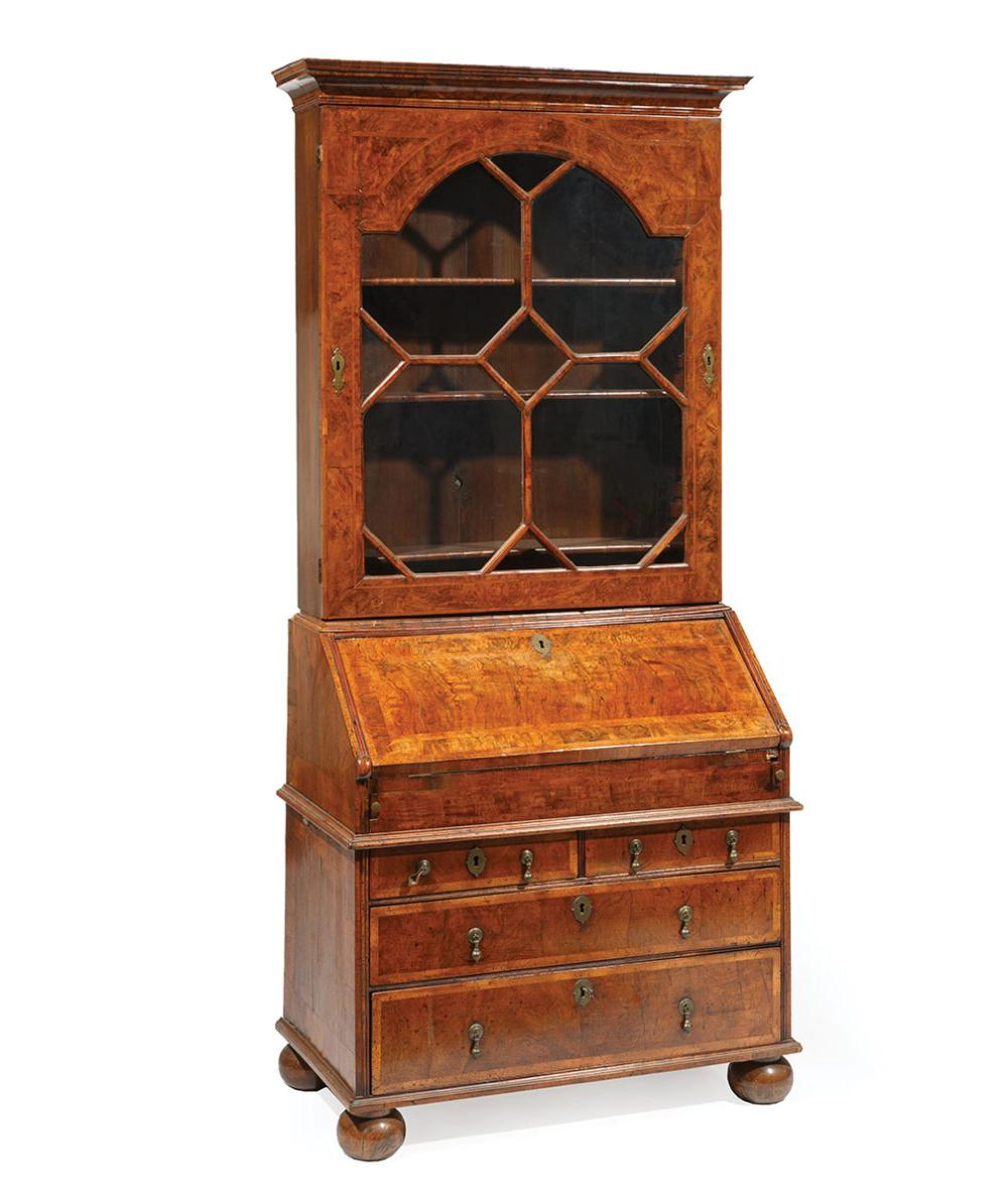 Antique Queen Anne Style Inlaid Burl Walnut Slant Front Secretary