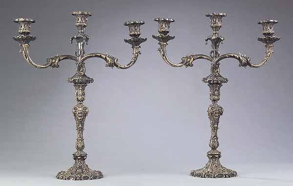 A Pair of Louis XV Style Silverplate Three Light Candelabra